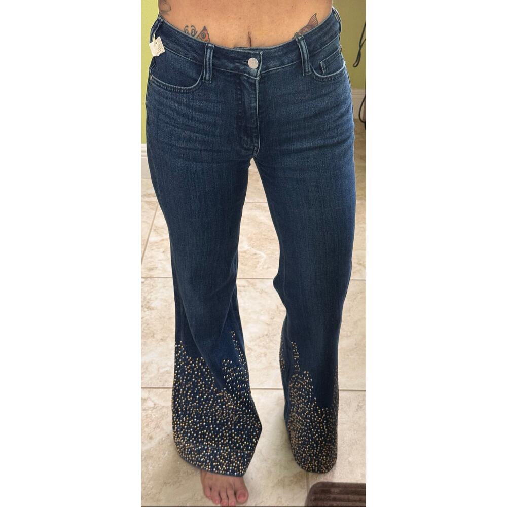 Pilcro High-Rise Flare Jeans Dark Wash Studded Hem Size 25 trendy $168 NWT - Picture 5 of 11